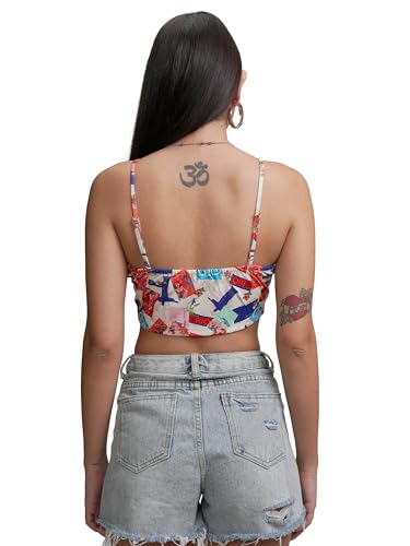 Image of Tokyo Talkies Women's Graphic Print Fitted Crop Top | Shoulder Straps | Chic & Versatile Cut Out | Perfect for Casual & Layered Looks | Tops for Woman | Women Tops | Women Crop Top