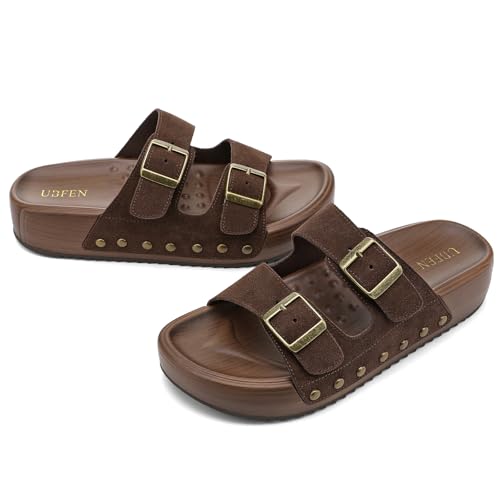 Image of UBFEN Womens Platform Slide Sandals | Real Leather,Buckle Sandals with Cushioned Flatform Footbed,Comfortable for Walking,Arch Support,Casual Styling
