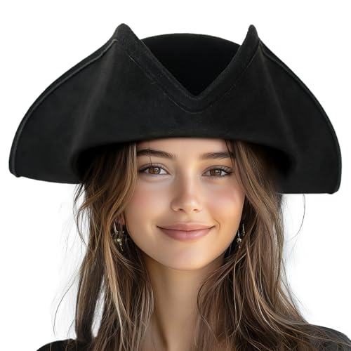 Pirate Hat for Women Distressed Colonial Style Tricorn Hat for Adult Halloween Costume Accessory Pro Black