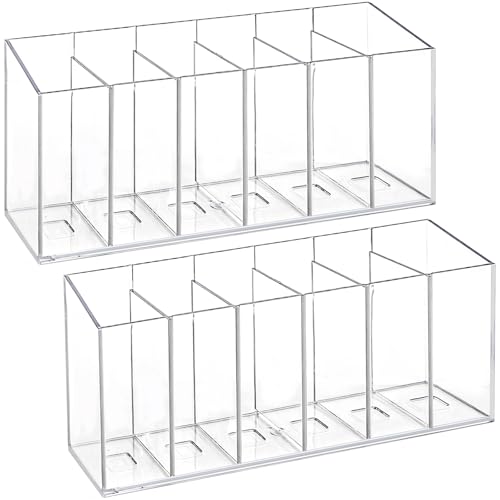 Hacaroa 2 Pack Acrylic Pen Holder 6 Compartments Clear Makeup Brush Organizer with Removable Dividers Acrylic Boomark Cosmetic Brush Holder for Eyebrow Pencils Markers Office Desk Vanity
