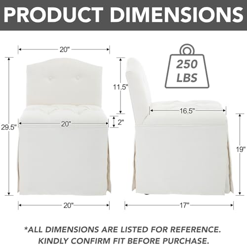 DM Furniture White Tufted Makeup Vanity Chair with Wheels, Small Upholstered Skirted Slipper Accent Chair with Low Back & Metal Legs, Armless Rolling Vanity Stool Desk Chair for Living Room Bedroom