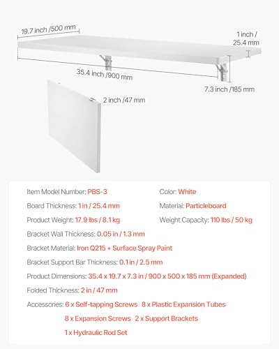 Image of VEVOR Wall Mounted Folding Table, 35.4 x 19.7 inches Wall Mount Table, Floating Desk with Iron Bracket for Small Spaces, Home Office, Dining, Laundry Room, Kitchen, Bar, White