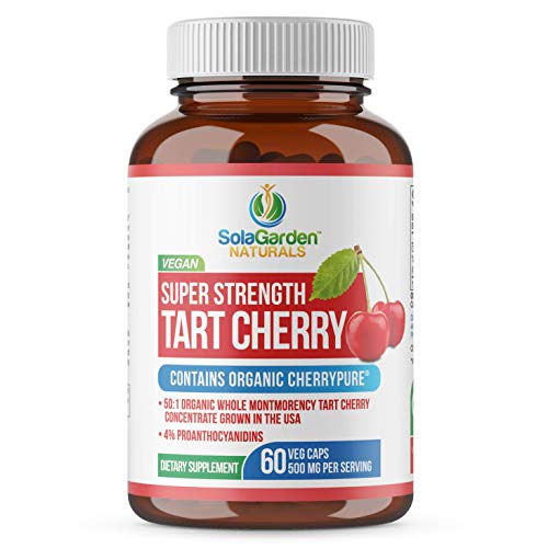 Super Strength Organic Montmorency Tart Cherry Supplement â€“ 50:1 Concentrate Grown in The USA - Contains Certified Organic CherryPURE â€“ by SolaGarden Naturals. 60 Non GMO Veggie Capsules.