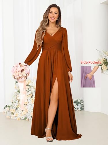 YMSHA Chiffon Pleated Bridesmaid Dresses with Slit Long Sleeve Formal Party Dress with Pockets YMS3813