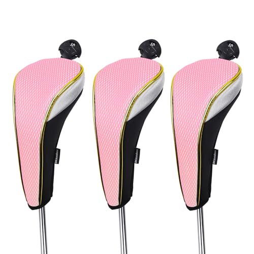 Andux 3Pcs/Set Golf Hybrids Club Head Covers with Dial No. Tag Pink