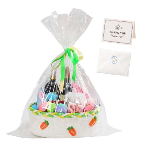 Image of Mothers Day Gifts Basket for Mom Wife Women Her Small Woven Gift Baskets Empty with Cellophane Bags and Ribbons, Nursery Chest Box Cotton Rope Shelf Storage Basket with Handles, 14.2 inchx 9.8 inchx 5.1 inch