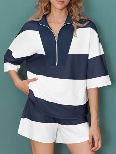 Fisoew Womens 2 Piece Outfits Summer Striped Sweatshirt Workout Shorts Sets Matching Lounge Set Tracksuits3
