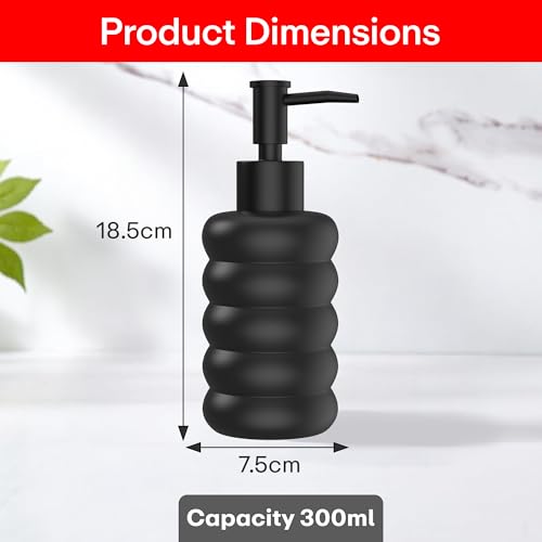 Image of Rioware Outdoor Living Ceramic Liquid Soap Dispenser, 300ml, Multipurpose Refillable for Hand Wash, Dish Wash, Shampoo, Kitchen, Bathroom, and Household Use Pack of 1, Round Black