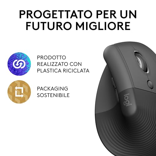 Lift Mouse Ergonomico Verticale, Senza Fili, Ricevitore Bluetooth o Logi Bolt USB, Clic Silenziosi, 4 Tasti, Compatibile con Windows / macOS / iPadOS, Laptop, PC - Grafite - Mouse gaming - Immagine 5