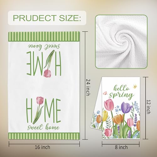 Image of FUTBU Spring Tulips Kitchen Towels, Hello Spring Dish Towels Set of 2 for Bathroom Decor, 18x26Inch Drying Dishcloth Farmhouse Holiday Home Sweet Home Decoration