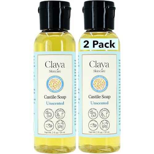 Image of Claya Unscented Liquid Castile Soap - Organic Ingredients, Biodegradable, Gentle for Sensitive Skin, Versatile Use and Travel Size (2 Pack of 2 fl oz)