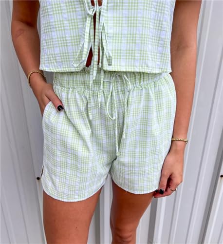 Image of Yuemengxuan Women Y2k Two Piece Plaid Lounge Sets Puff Sleeve Tie front Blouse Top High Waist Shorts Casual Pajamas Sets