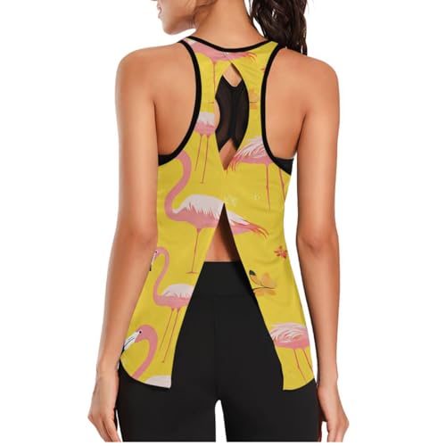 voucong Camiseta deportiva sin mangas para mujer, tela de malla, holgada, manga ajustada, protección solar, para correr, yoga, dulce, Amarillo flamenco dulce, S