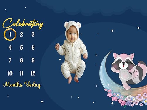 Image of Baby Monthly Milestone Blanket | 1-12 Months | Soft All-Season AC Blanket | Ideal for Newborn Boys & Girls | Perfect Growth Tracker & Photoshoot Prop with Moonlit Raccoon | 120x90 cm