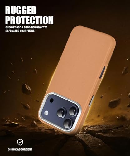 Image of WOW IMAGINE Back Cover for iPhone 17 Pro Max | Shockproof Tough Leather Texture Hard Mobile Case | Ultra Slim Non-Slip Grip | Inner Velvet Fabric | Metal Camera Ring - Tan Brown