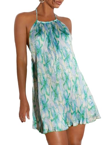 SweatyRocks Women's Allover Print Backless Halter Dress Sleeveless Straight Hem Mini Dresses