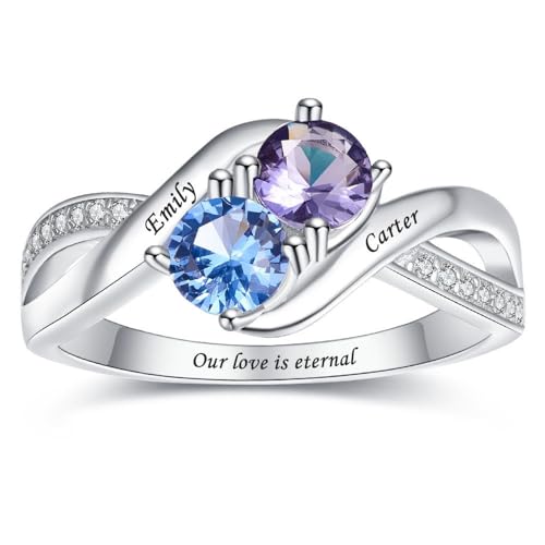 Personalized Mothers Ring with 1-2 Birthstones for Mom Engraved Name Sterling Silver Ring Couple Engagement Promise Rings for Her Custom Family Ring for Wife Grandmother Jewelry Gifts