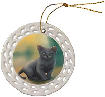 Doggie of the Day Russian Blue Cat Christmas Doily Ceramic Ornament