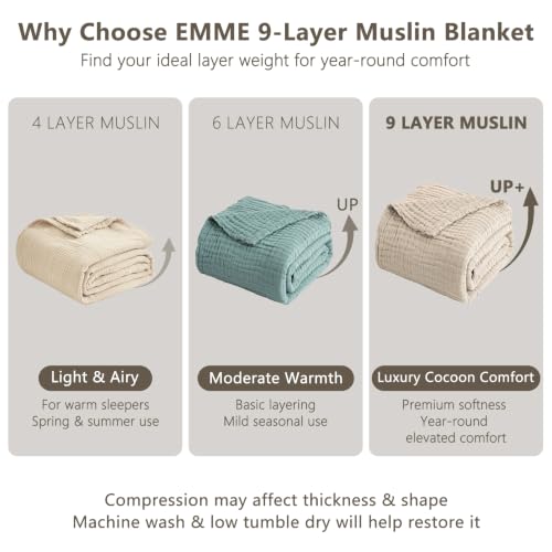 Image of EMME 9 Layer Muslin Cotton Blanket Adults Coverlet,King,Beige
