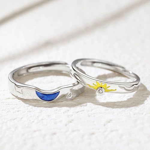 Image of Sun and Moon Couple Rings Set Adjustable Rings Black White Couple Rings for Girlfriend and Boyfriend Valentine's Day Gift Jewelry