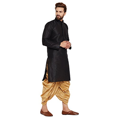 Image of SOJANYA (Since 1958 Men's Off-White and Gold Dupion Silk Dhoti Kurta Set