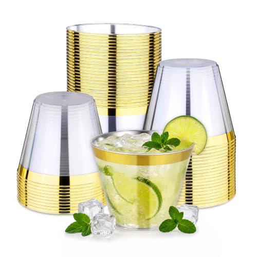Image of 50 Pack Gold Plastic Cups, 9 OZ Gold Rimmed Plastic Cups for Party