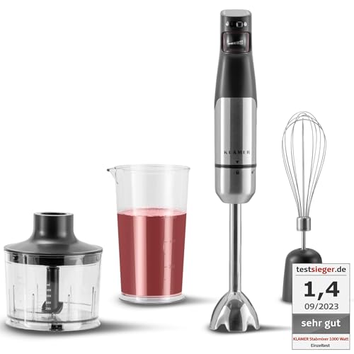 KLAMER Stabmixer Set 1000 Watt, 4 in 1 Pürierstab Edelstahl mit SmartSpeed per Finderdruck, inkl....