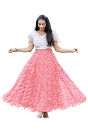 Image of Classic Flared Long Floor Length Georgette Skirt for Women /Girls and Lycra Crop-Top Set || Polka Dot Skirt || Elegent Design || Drawstring Band