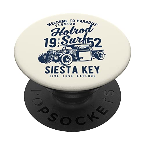 Siesta Key Florida Retro Hotrod Surf Design PopSockets Adhesive PopGrip, Black