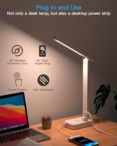 One Beat Small LED Desk Lamp Power Strip 5ft Extension Cord with 3 Outlets 4 USB Ports(2 USB C), 4 Modes, 5 Level Touch Lamp Study Reading Light, Home Office Bedroom College Dorm Room Essentials,White - 3