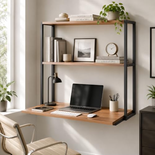 Image of Lukzer Wall Mounted Study Table with Multipurpose Storage Shelves (MMR-007 /Black & Oak Brown) Engineered Wood & Metal Frame, Space Saving Work Desk for Laptop, Bookshelf & Home Office (83x79x40 cm)