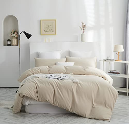 Lanqinglv Duvet Cover Set Double Bed Beige Plain Bedding Set Ultra Soft Microfiber Quilt Cover 200x200 cm with Zipper Closure and 2 Pillowcases 50x75 cm - Image 3