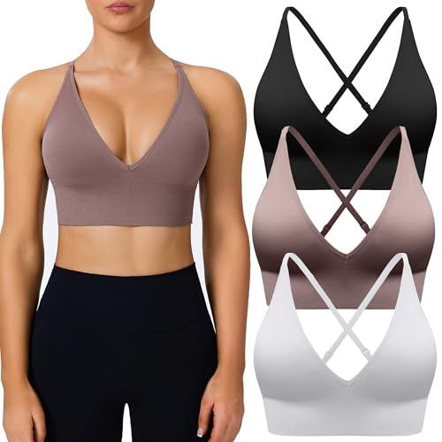 BLUELILY Sports Bras for Women Padded Adjustable Deep V Neck Bra Seamless Spaghetti Strap Criss Cross Light Impact Yoga Bras