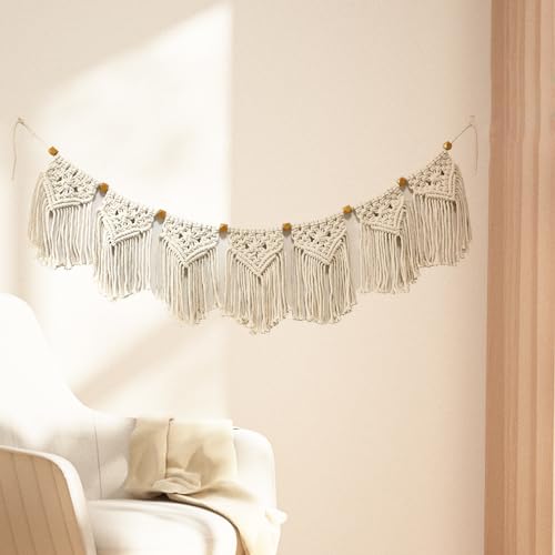 Anevios Tapiz de Macrame para Pared con 2 Ganchos para Colgar Sin Taladrar Blanco Hecho a Mano Colgante de Pared Tapiz Tejido Bohemio de Flecos para Regalos de Decoración Salón | 110×25cm