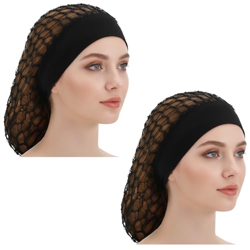 Larrel Hair Nets for Sleeping, 2 Pcs Comfortable Black Crochet Hair Net Reusable Elastic Hairnets Breathable Hairs Accessories for Women Night Sleeping