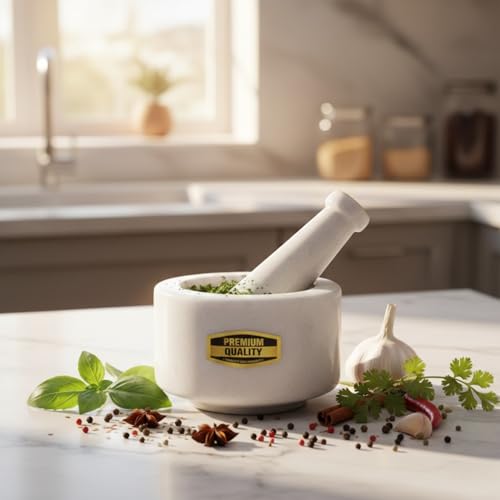 Image of JMH Marble Handmade Stone Mortar and Pestle Set | Ohkli Musal /Kharal khalbatta for Medicine, Spices Grinder Masher (White, 3 Inch)