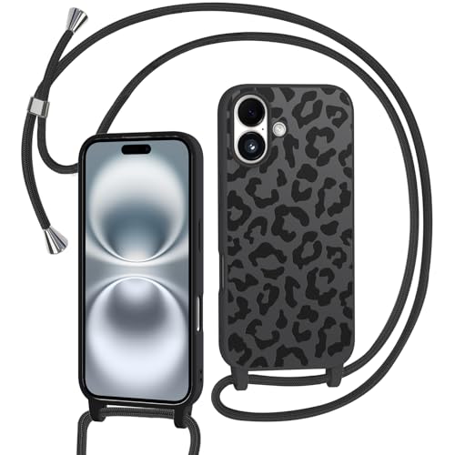 Tikgue Handyband für iPhone 16 Hülle mit Band Aesthetic Leopard Handyhülle mit Kordel zum Umhängen Weich TPU Liquid Silikon Case Kratzfest Stoßfest Schutzhülle - Schwarz