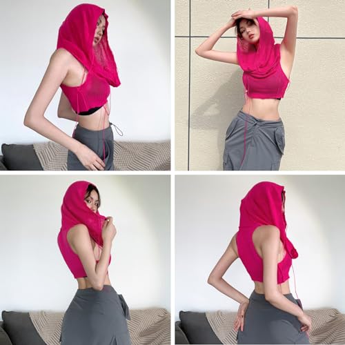 Image of Women's Knitted Hoodie Sweater Vest Sexy Sleeveless Hollow Out Hooded Crop Top Draped Sweatshirt Streetwear
