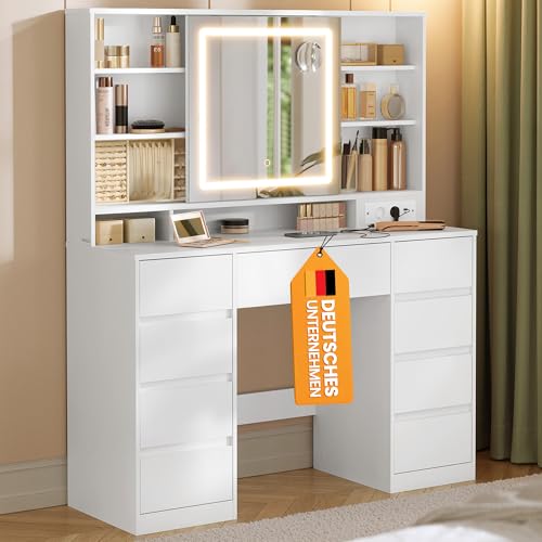 VASAGLE Kailyn Kollektion - Schminktisch mit Spiegel und LED-Leuchten, Steckdosenleiste, 9...