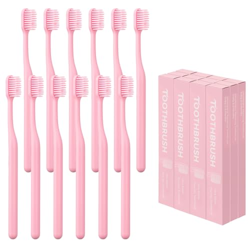 FoldTier 12 Pcs Pink Toothbrush Extra Soft Toothbrush Intensive Clean Tooth Brush for Adult Deep Clean Tooth Brush Individually Wrapped Gentle Bristle for Home Hotel Travel(Classic Pink)