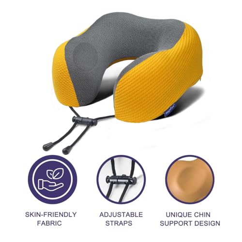 napfun Neck Pillow for Traveling, Upgraded Travel Neck Pillow for Airplane 100% Pure Memory Foam Travel Pillow for Flight Headrest Sleep, Portable Plane Accessories, Yellow, Medium (120-200LB)