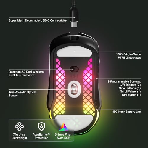 SteelSeries-Aerox-5-Wireless-Holey-RGB-Gaming-Mouse-Ultra-lightweight-Water-Resistant-Design-9-Buttons-Bluetooth24-GHz-18K-DPI-TrueMove-Air-Optical-Sensor - Izzgadgets.com