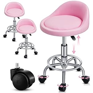 Soaoo Set of 2 Pink Rolling Stool with Backrest Height Adjustable Rolling Lash Chairs for Eyelash Tech Swivel Salon Stool Chair for Tattoo Massage Tattoo Facial Spa Makeup