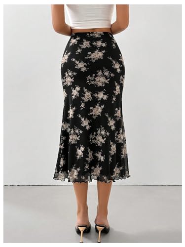 Verdusa Women's Floral Print Mesh Midi Skirt Boho High Waisted Bodycon Summer Skirts2