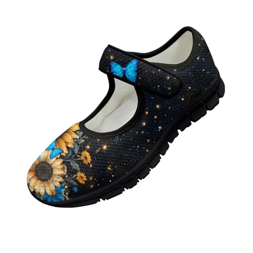 Jeiento Yellow Sunflower Mary Jane Shoes Women Slip on Ballet Flat Dressy Round Toe Flats Shoes