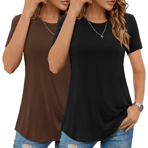 Aottori Pack 2 Camisa Mujer Manga Corta Cuello Redondo Negro+Marrón L
