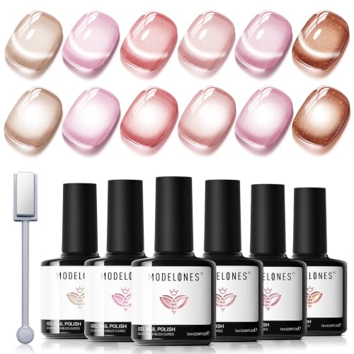 modelones Cat Eye Gel Nail Polish Set Glitter 6Colors Pink Nude Brown