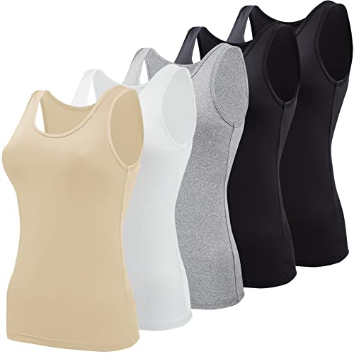 BQTQ 5 Stück Elastische Tank Tops Damen Unterhemden Stretch Crop Top Basic Cami Tank Top für Frauen und Mädchen, Schwarz, Weiß, Grau, Beige, S