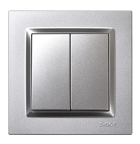 SIMON   Interruptor Conmutador Doble, Serie Simon 10, 230V, Interruptor de Pared Interior, Fácil de Instalar, Incluye Marco, Tapa y Mecanismo, Color Aluminio