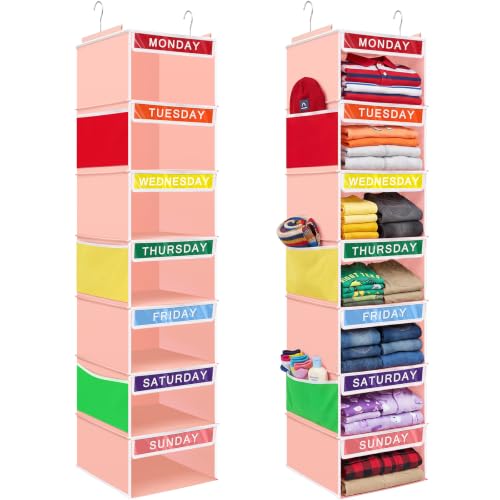 Amylove 2 Pcs 7 Shelf Weekly Clothes Organizer for Kids Hanging Closet Organizer 11. 8 x 11. 8 x 50 Inch Daily Activity Kids Clothes Storage Drawers Cube Drawers Closet Hanging Shelves(Orange Pink) by Amylove - Used condition - US$28.49